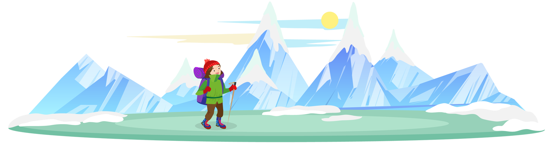 Ilustracja przedstawia górski krajobraz. W tle widać błękitne niebo ze słońcem oraz wysokie góry o ośnieżonych szczytach. Dookoła rozciąga się zazieleniony teren częściowo pokryty śniegiem. Na środku stoi kobieta o ciemnobrązowych włosach. Jest ubrana w zieloną kurtkę, czerwoną czapkę z pomponem, czerwone rękawiczki, długie brązowe spodnie i wysokie granatowo‑czerwone buty. Na plecach niesie duży fioletowy plecak, a w lewej ręce trzyma brązowy kijek pomocny w czasie wędrówek górskich. Przedstawiona na ilustracji kobieta to himalaistka Wanda Rutkiewicz.