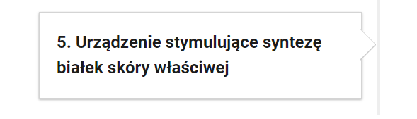 Grafika przedstawia przykładowy przycisk powiązanych ćwiczeń. Przycisk ma formę prostokątnej ramki, w której znajduje się nazwa zakładki ćwiczenia: Pięć. Urządzenie stymulujące syntezę białek skóry właściwej.