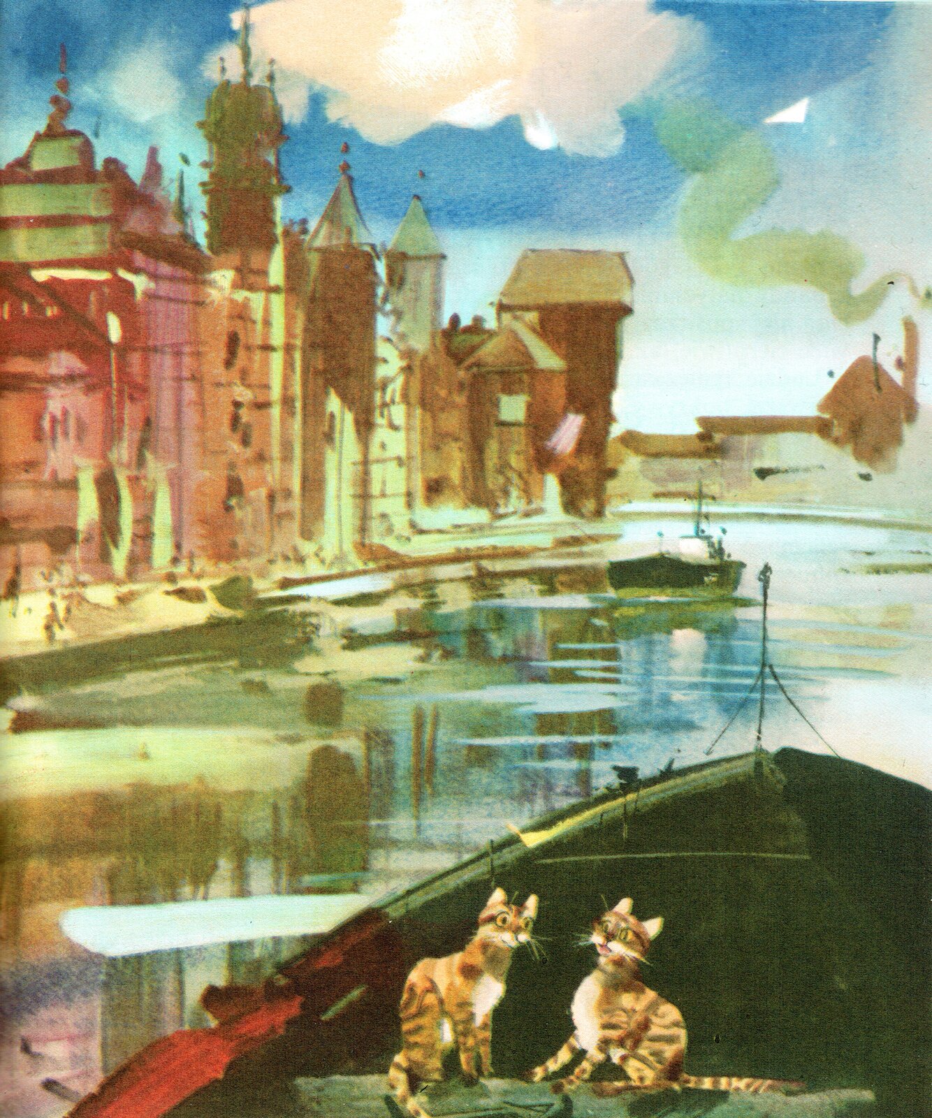 Ilustracja przedstawia grafikę z książki dla dzieci Jana Tettera "Ryży, Placek i trzynastu zbójców", na której znajdują się dwa koty płynące łódką po rzece w mieście. Po lewej stronie widoczne są budynki.