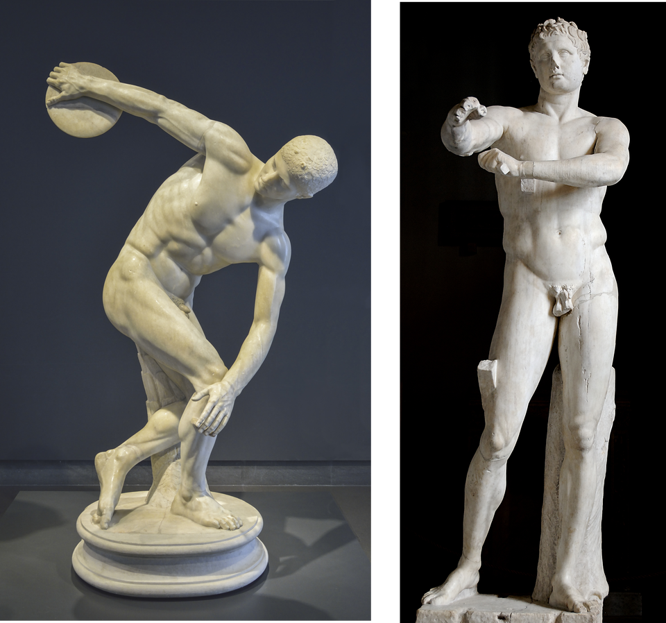 Ilustracja przedstawia dwie rzeźby:
1. rzeźbę Myrona „Dyskobol”. Ukazuje atletę rzucającego dyskiem. Sportowiec jest ukazany tuż przed wyrzuceniem dysku. Ramiona ma ułożone w taki sposób, że wydaje się, jakby tworzyły część okręgu. Głowa pochylona ku przodowi akcentuje oś symetrii ciała przebiegającą równolegle do lewej nogi zgiętej w kolanie, dotykającej dużym palcem ziemi. Postać jest umięśniona. Ciało sportowca ujęte zostało w głębokim skręcie torsu, przy jednoczesnym zatrzymaniu gestu. Twarz nie zdradza emocji i kontrastuje z napięciem ciała. Układ ciała jest podporządkowany zasadzie kompozycyjnej harmonii i równowagi – tworzy kompletną kompozycję kołową, domkniętą w obrębie własnych linii sił. 
2. Rzeźba przedstawia młodego, umięśnionego nagiego mężczyznę stojącego w rozkroku z uniesionymi rękami. Młodzieniec oczyszcza ciało z oliwy i pyłu za pomocą metalowej skrobaczki po zakończonym wysiłku fizycznym.  Mężczyzna wyróżnia się smukłą sylwetką i dynamiczną pozą z wyciągniętymi rękami. Mimo tej dynamiki sylwetka jest spokojna i harmonijna. Twarz atlety jest skoncentrowana, pozbawiona heroizmu, a jednocześnie zarysowana z dużą indywidualizacją. 