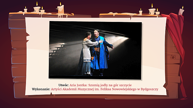 Na ilustracji widać dwoje śpiewaków operowych na scenie podczas występu. Światło reflektorów pada na nich, tworząc dramatyczny nastrój. Kobieta po lewej stronie ma rozpuszczone ciemne włosy i jest ubrana w strój przypominający wiejski ubiór – jasną bluzkę z szerokimi rękawami, ciemną spódnicę i jasny fartuch. Jej usta są otwarte, co sugeruje, że śpiewa lub wydaje głośny dźwięk. Mężczyzna po prawej stronie ma na sobie bogato zdobiony kostium, który wygląda jak historyczny strój szlachecki – ciemną, niebieską szatę z szerokim kołnierzem i detalami w odcieniach złota lub brązu. On również ma otwarte usta i wydaje się śpiewać, z ekspresyjnym wyrazem twarzy i gestem rąk.