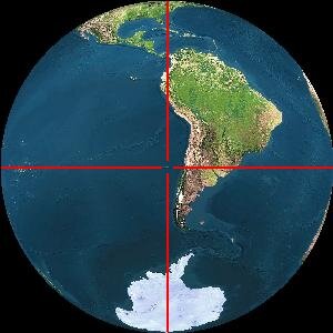 Zdjęcie przedstawia kulę ziemską. Widoczne kontynenty: na prawo od centrum Ameryka Południowa, powyżej Ameryka Środkowa i fragment Ameryki Północnej, poniżej Antarktyda. W centrum, na lewo od Ameryki Południowej, na wysokości Chile, widnieje wyznaczony przez linie punkt, w którym znajduje się wyspa Robinsona.