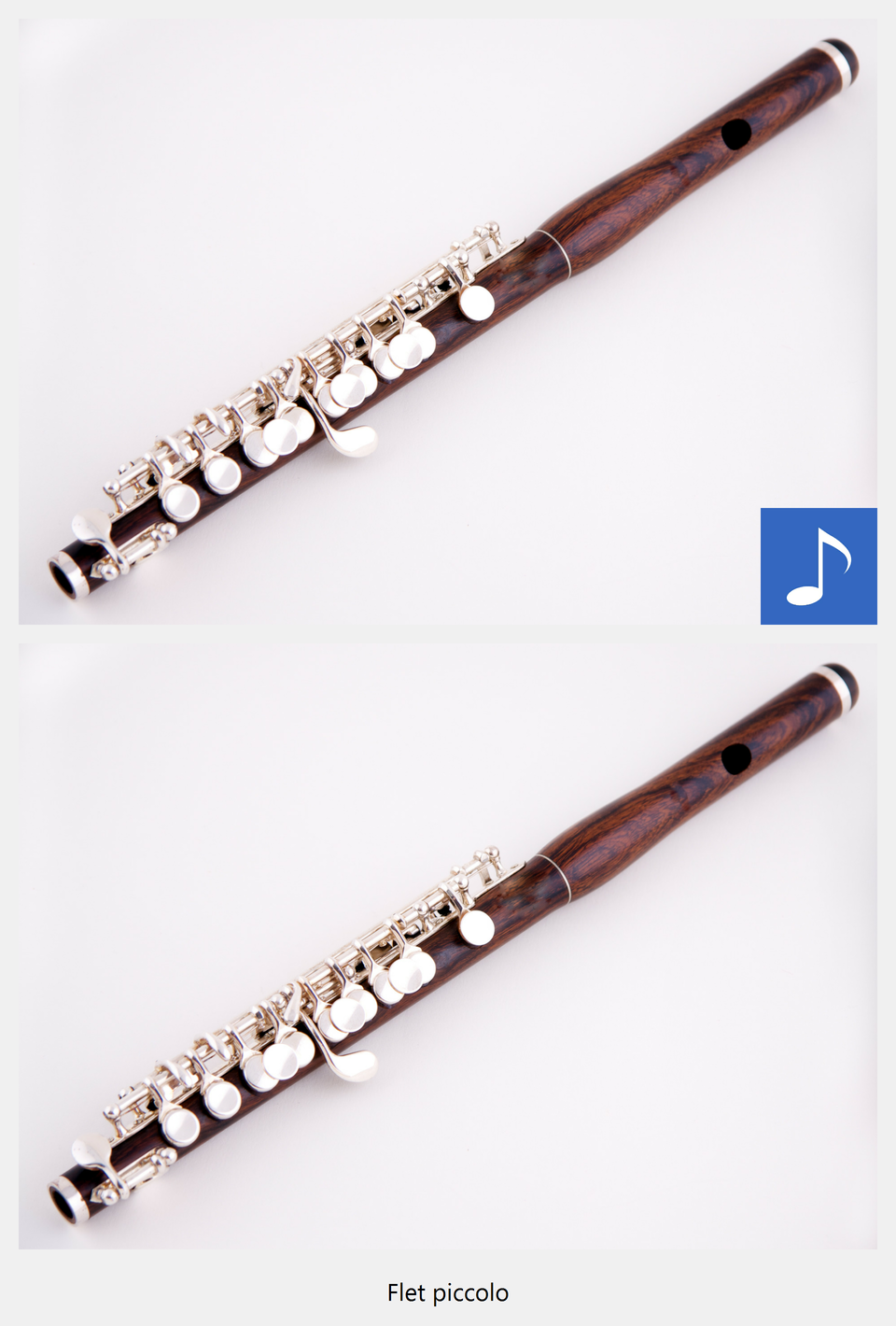 Ilustracja interaktywna przedstawia flet piccolo. Na zdjęciu ukazany jest drewniany, podłużny instrument z metalowymi klapkami. Po naciśnięciu punktu aktywnego wyświetla się napis flet piccolo i zostaje odtworzona próbka brzmienia. Flet piccolo brzmi bardzo jasno, trochę piskliwie, niektóre dźwięki są bardzo wysokie.