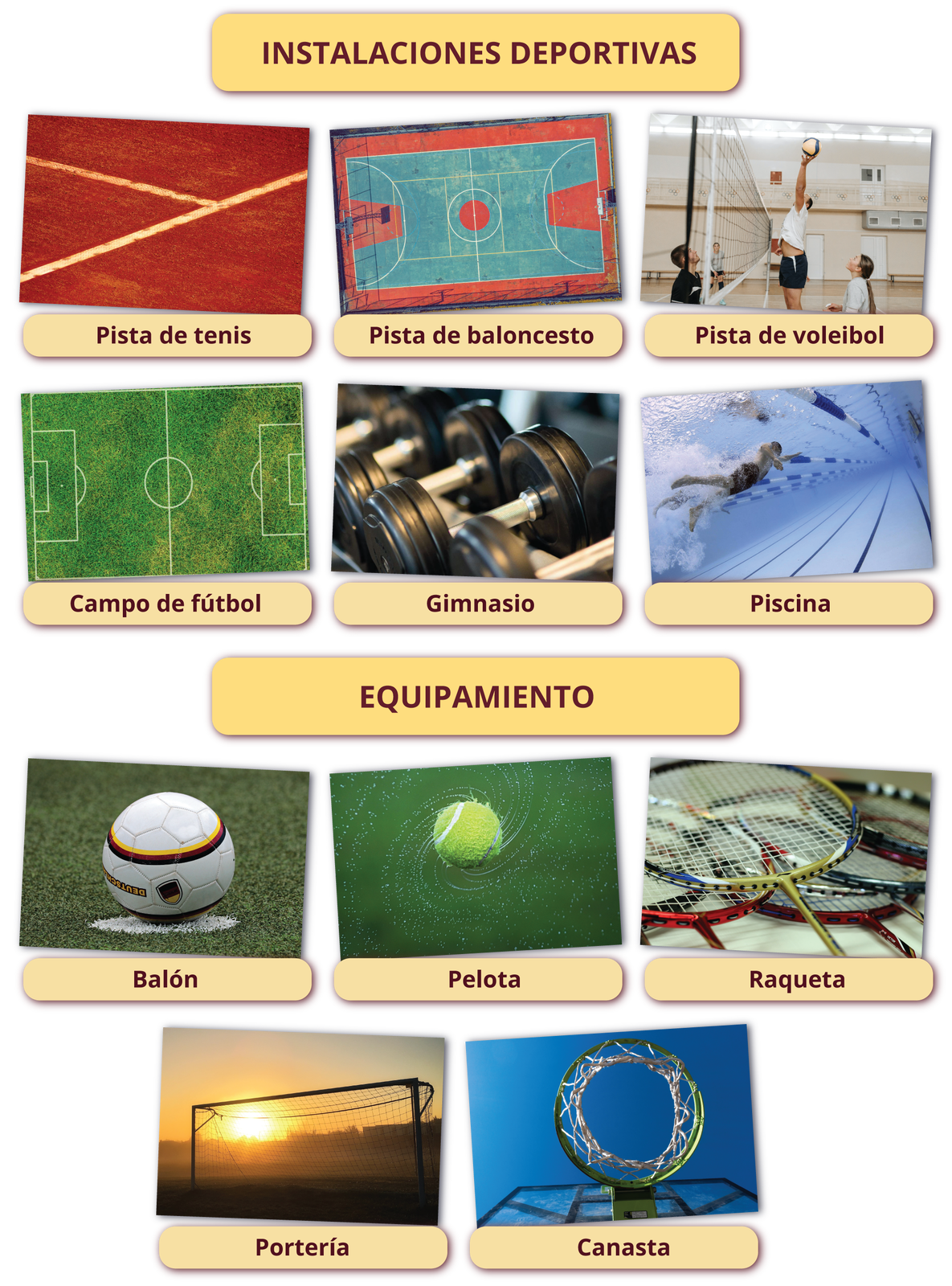 Grafika jest podzielona na dwie części. Pierwsza część zatytułowana INSTALACIONES DEPORTIVAS przedstawia sześć zdjęć z podpisami. Na pierwszym zdjęciu podpisanym Pista de tenis i widoczny jest fragment bordowego boiska do tenisa. Na drugim zdjęciu podpisanym Pista de baloncesto i widoczne jest boisko do koszykówki. Na trzecim zdjęciu podpisanym Pista de voleibol i widoczna jest sala z boiskiem do gry w siatkówkę, na której trwa mecz. Na czwartym zdjęciu podpisanym Campo de fútbol i widoczne jest boisko do piłki nożnej. Na piątym zdjęciu podpisanym Gimnasio i widoczne są ułożone w rzędzie hantle. Na szóstym zdjęciu podpisanym Piscina i widoczny jest basen sportowy z torami pływackimi, po którym pływają ludzie. Druga część zatytułowana EQUIPAMIENTO przedstawia pięć zdjęć z podpisami. Na pierwszym zdjęciu podpisanym Balón i widoczna jest piłka do gry w piłkę nożną. Na drugim zdjęciu podpisanym Pelota i widoczna jest piłka do tenisa. Na trzecim zdjęciu podpisanym Raqueta i widoczne są rakiety do gry w badmintona. Na czwartym zdjęciu podpisanym Portería i widoczna jest bramka piłkarska. Na piątym zdjęciu podpisanym Canasta i widoczny jest kosz do gry w koszykówkę.