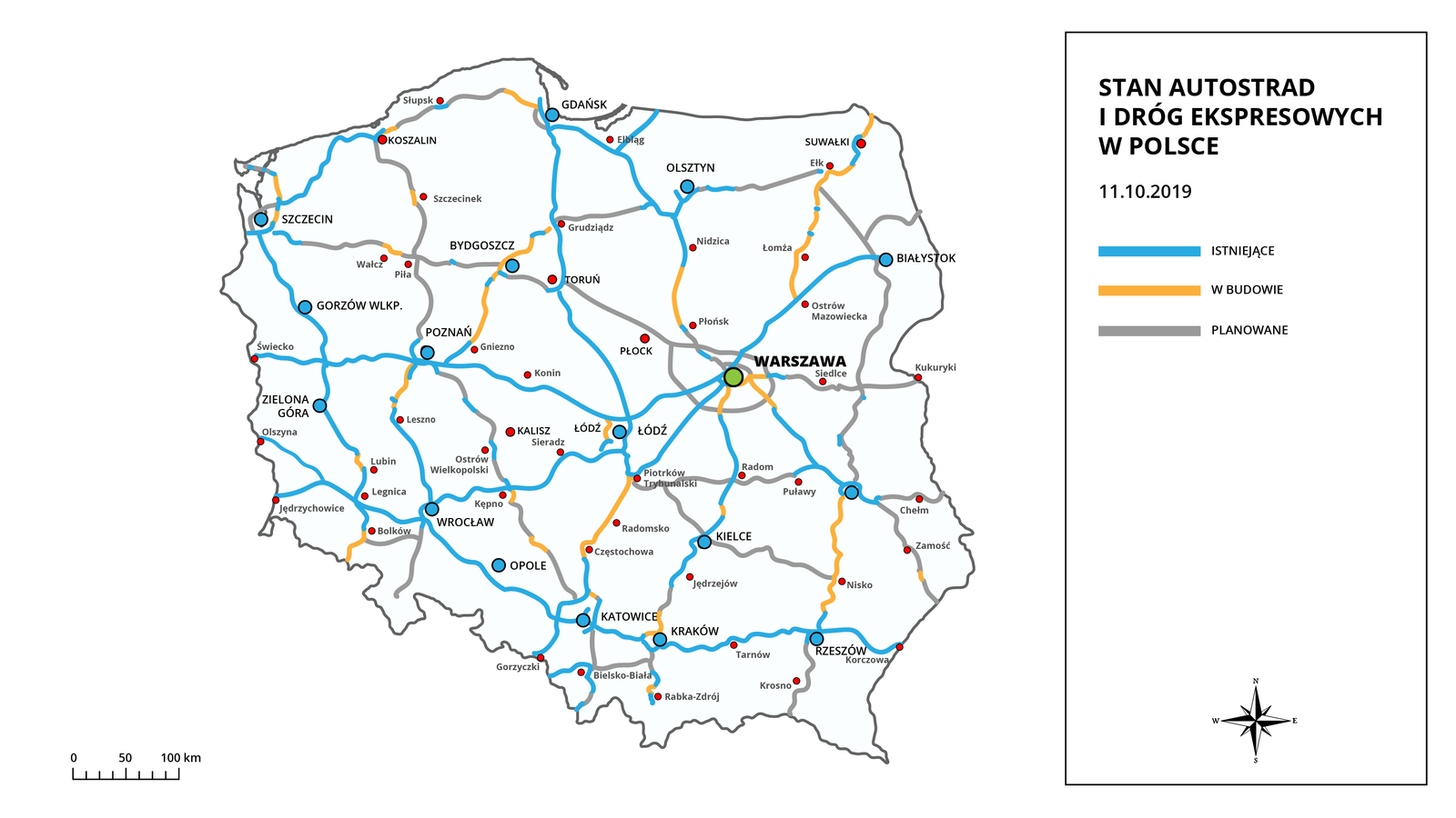 Mapa Polski przedstawia stan autostrad i dróg ekspresowych. Istniejące łączą ze sobą między innymi wschodnią granicę Polski, Rzeszów, Kraków, Katowice, Opole, Wrocław, zachodnią granicę Polski, Zieloną Górę, Gorzów Wielkopolski, Szczecin, Poznań, Gdańsk, Olsztyn, Białystok, Warszawę, Łódź, Kielce. Drogi w budowie znajdują się między innymi pomiędzy Częstochową a Piotrkowem Trybunalskim, Ełkiem a Ostrowem Mazowieckim, Grudziądzem a Gnieznem, na północ od Rzeszowa, od Bolkowa do południowej granicy Polski. Planowane drogi są między innymi od Rzeszowa koło Krosna do południowej granicy Polski, od Kielc do Niska, Od Warszawy obok Siedlc do wschodniej granicy Polski, od Warszawy do Torunia, od Szczecina do Bydgoszczy, od Piotrkowa Trybunalskiego do Puław, w okolicach Zamościa do granicy kraju.