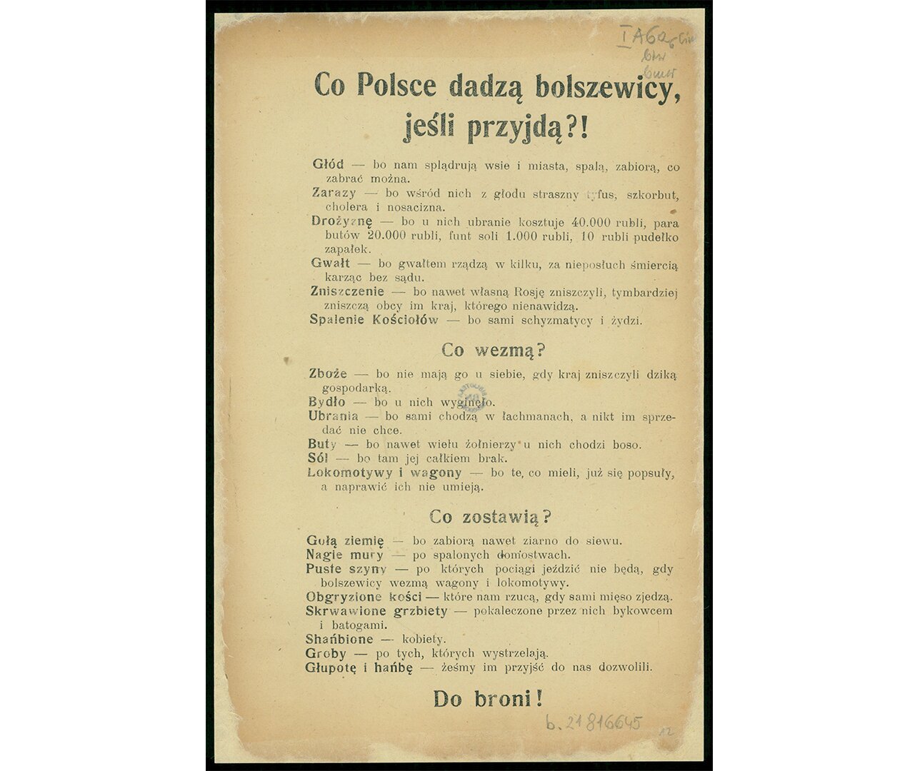 Grafika przedstawiająca plakat z napisem. "Głód: zdobędą nasze miasta i wsie".