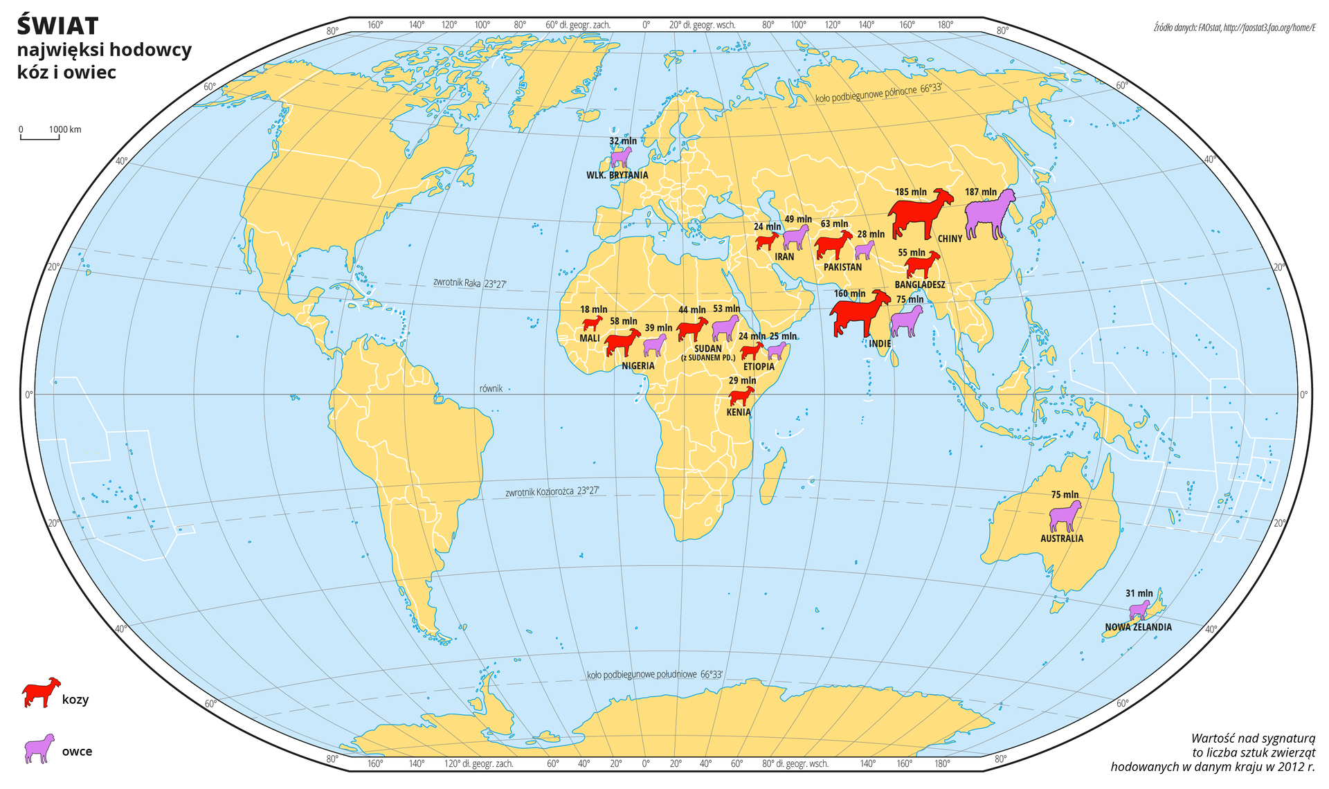 Ilustracja przedstawia mapę świata. Wody zaznaczono kolorem niebieskim. Na mapie za pomocą sygnatur (czerwona koza, fioletowa owca) przedstawiono największych hodowców kóz i owiec. Nad sygnaturą zapisano liczbę sztuk zwierząt hodowanych w danym kraju w 2012 roku. Najwięcej kóz i owiec występuje w środkowej część Afryki oraz w południowej części Azji, co można stwierdzić na podstawie wielkości i ilości sygnatur. W Wielkiej Brytanii, Australii i Nowej Zelandii oznaczono duże występowanie owiec. Mapa pokryta jest równoleżnikami i południkami. Dookoła mapy w białej ramce opisano współrzędne geograficzne co dwadzieścia stopni. Objaśnienie sygnatur użytych na mapie znajduje się poza obszarem mapy, po lewej stronie.