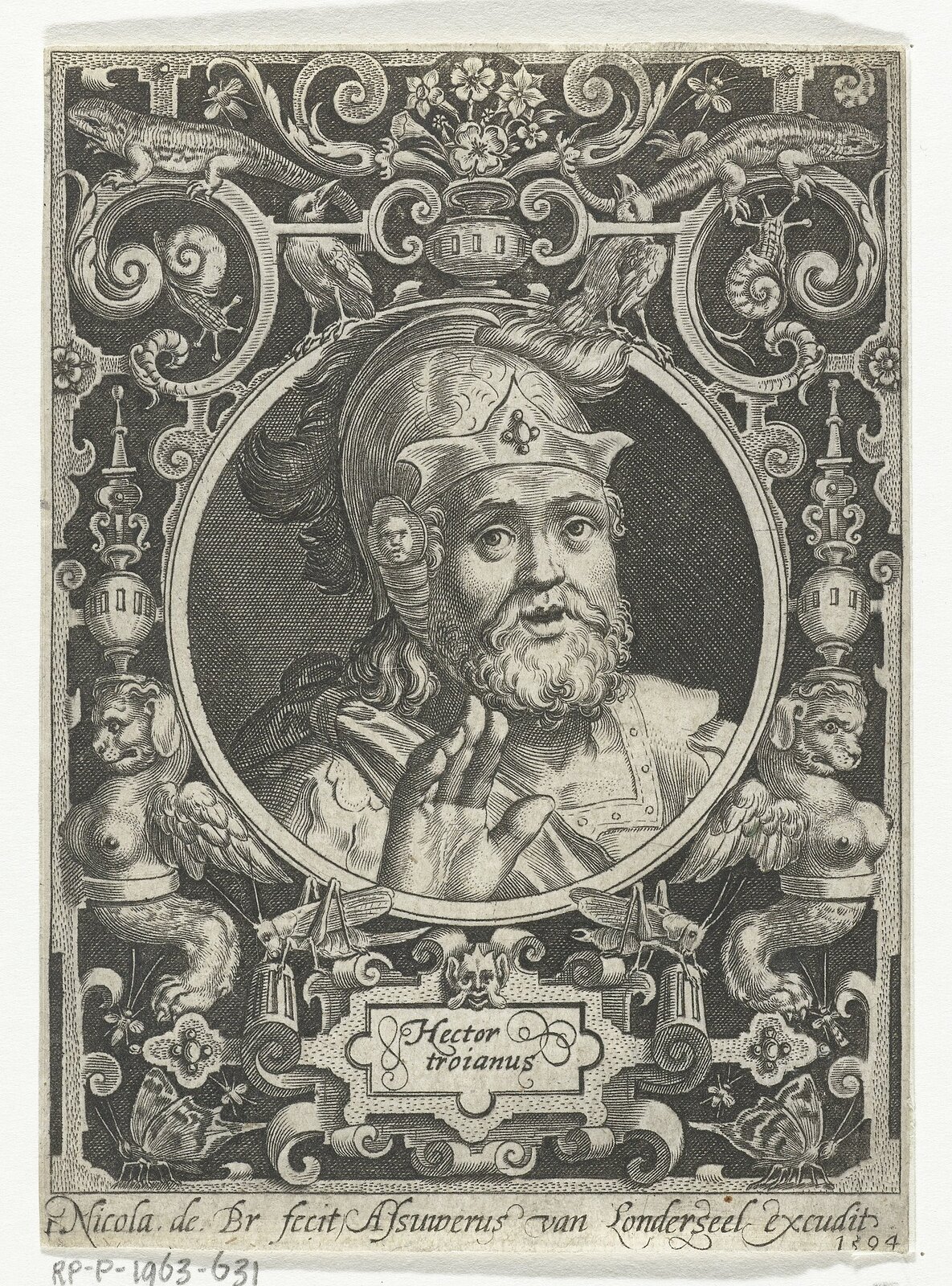 Ilustracja przedstawia portret Hektora autorstwa Nicolasa de Bruyn. W centralnej części ilustracji znajduje się mężczyzna ubrany w zbroję oraz bogato zdobiony hełm. Ma długie włosy wystające spod hełmu, niewielką, kręconą brodę oraz wąsy. Ma szeroko otwarte oczy i lekko otwarte usta. Prawą dłoń ma uniesioną lekko do góry, w geście powitania. Portret Hektora otoczony jest okrągłą ramką, a wokół niej znajdują się różne elementy dekoracyjne. Elementy te zostały przedstawione niemal w odbiciu lustrzanym. W górnej części ilustracji znajdują się dwie jaszczurki, dwa ptaki oraz dwa ślimaki. W dolnej części ilustracji znajdują się dwie postacie posiadające głowę psa oraz skrzydła, dwa pasikoniki oraz dwa motyle. Pomiędzy nimi znajduje się zdobiona tabliczka z napisem "Hector troianus". Obraz zdobią także rysunki owadów, kwiatów, spiralnych detali. Pod ilustracją znajduje się zdanie w języku łacińskim dotyczące twórcy dzieła oraz rok wykonania- 1594.