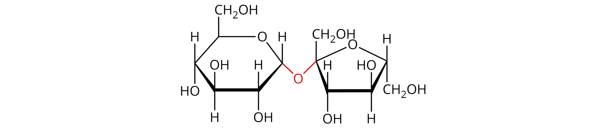 Budowa cząsteczki sacharozy, kolorem czerwonym zostało zaznaczone wiązanie O‑glikozydowe. Ilustracja przedstawiająca strukturę sacharozy, która jest dwucukrem zbudowanym z D‑glukozy oraz D‑fruktozy, które łączy wiązanie α,β-1,2-O-glikozydowe. Strukturę stanowi sześcioczłonowy pierścień, w którym pierwszy lokant stanowi atom węgla C1 związany z atomem tlenu wbudowanym w tenże pierścień. Węgiel C5 zamyka pierścień i łączy się ze wspomnianym atomem tlenu oraz węglem C6, niewbudowanym w pierścień. Od węgla C1 odchodzi wiązanie łączące go z atomem tlenu, który to łączy się z węglem C2 pierścienia D‑fruktozy. Od węgli C2 oraz C4 odchodzą do góry grupy hydroksylowe <math aria‑label="O H">OH, zaś do dołu od węgla C3, grupa hydroksylowa odchodzi również od węgla C6, Drugi pięcioczłonowy pierścień stanowi D‑fruktoza, w której węgiel C1 należący do grupy CH2 podstawiony jest grupą hydroksylową <math aria‑label="O H">OH i łączy się z atomem węgla C2, który związany jest z atomem tlenu łączącym pierścień D‑fruktozy z pierścieniem D‑glukozy. Od węgla C3 do dołu odchodzi grupa hydroksylowa <math aria‑label="O H">OH, z kolei od węgla C4 grupa hydroksylowa odchodzi do góry. Węgiel C4 łączy się z atomem tlenu, który to łączy się również z atomem węgla C1, co zamyka pięcioczłonowy pierścień fruktozowy. Ponadto od węgla C4 odchodzi do dołu grupa CH2OH.