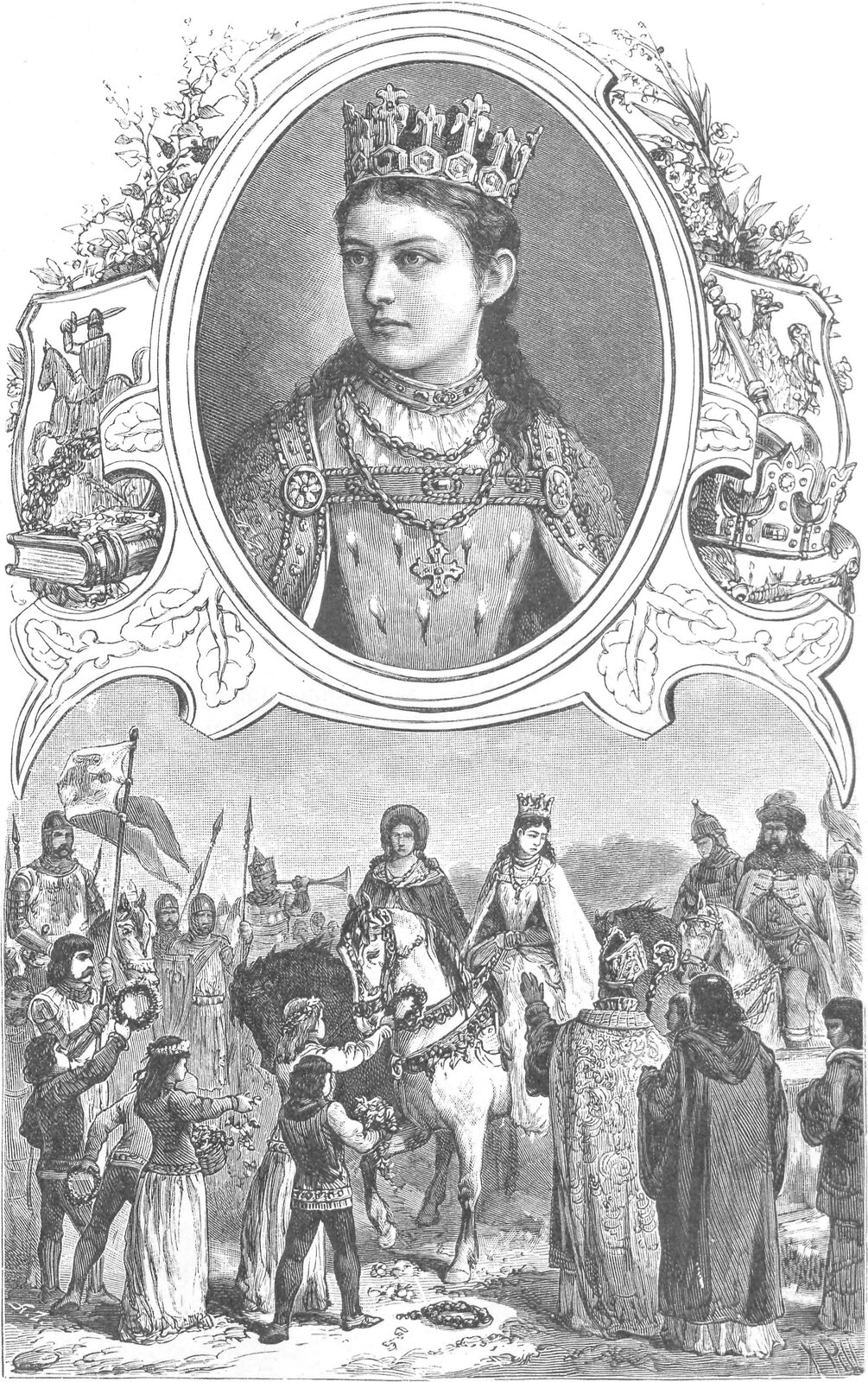 Ilustracja przedstawia portret młodej kobiety w koronie. Jest to portret dwuczęściowy. W górnej części znajduje się portret twarzy królowej Jadwigi. Dziewczyna odwrócona jest do widza lewym półprofilem. Na głowie ma koronę, spod której widać ciemne włosy, zaczesane do tyłu, założone za ucho i luźno opadające na plecy. Nos ma długi, prosty, oczy wyraziste, duże, usta wydatne. Ubrana jest w strój ze stójką czyli wąskim kołnierzem postawionym pionowo. Kołnierz zdobiony jest szlachetnymi kamieniami. Na ramionach ma płaszcz zarzucony na ramiona i zapięty klamrą na piersiach. Na szyi wiszą dekoracyjne łańcuchy z zawieszką w kształcie równoramiennego krzyża. W dolnej części widzimy scenę przedstawiającą królową Jadwigę siedzącą na białym koniu. Ubrana po królewsku, z koroną na głowie płaszczem, w rękach trzyma uzdę końską. Obok niej na drugim koniu, siedzi druga kobieta. Po bokach królowej znajdują się rycerze, z przodu otaczają ją poddani, dzieci trzymające kwiaty oraz duchowni.