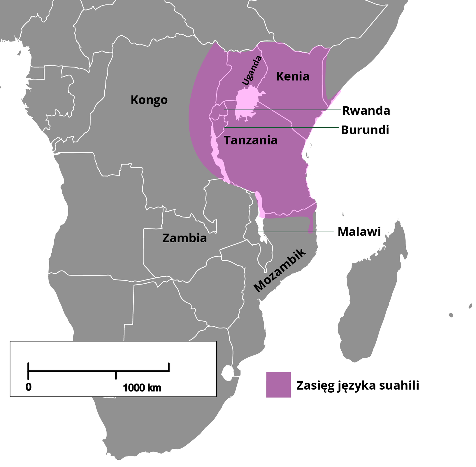 Mapa fragmentu Afryki obrazuje zasięg języka suahili. Znajduje się na niej południowa część Afryki z zaznaczonymi konturami poszczególnych państw. Zasięg języka suahili zaznaczony jest kolorem fioletowym. Obejmuje on następujące kraje: Tanzanię, Rwandę, Burundi, Ugandę, Kenię a także część Malawi, Mozambiku, Zambii oraz Kongo.