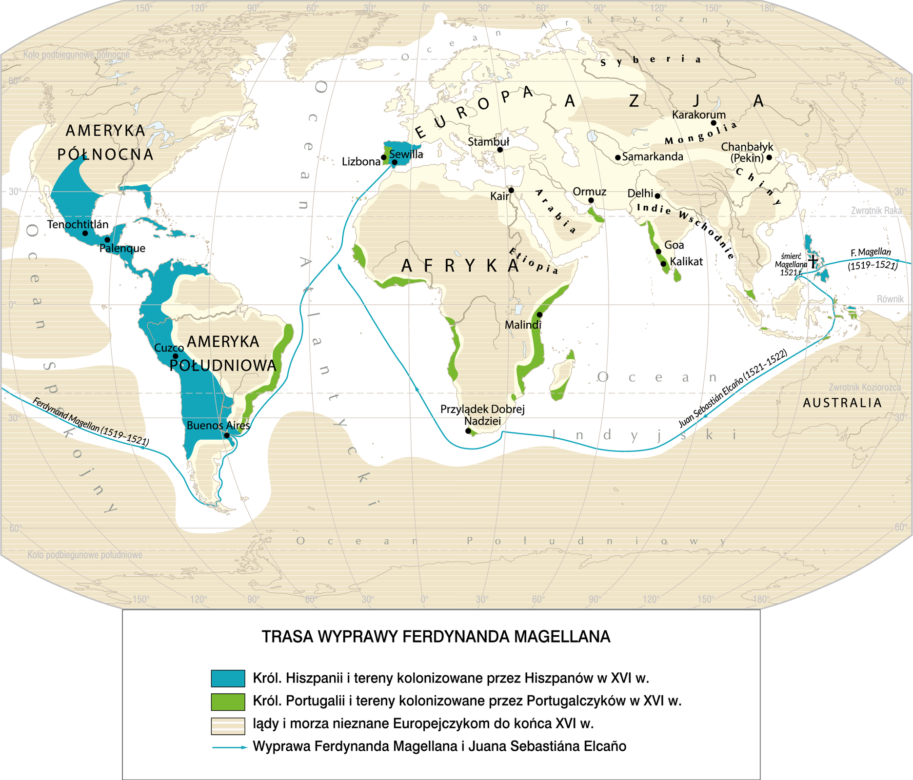 Mapa przedstawia trasę wyprawy Ferdynanda Magellana.
