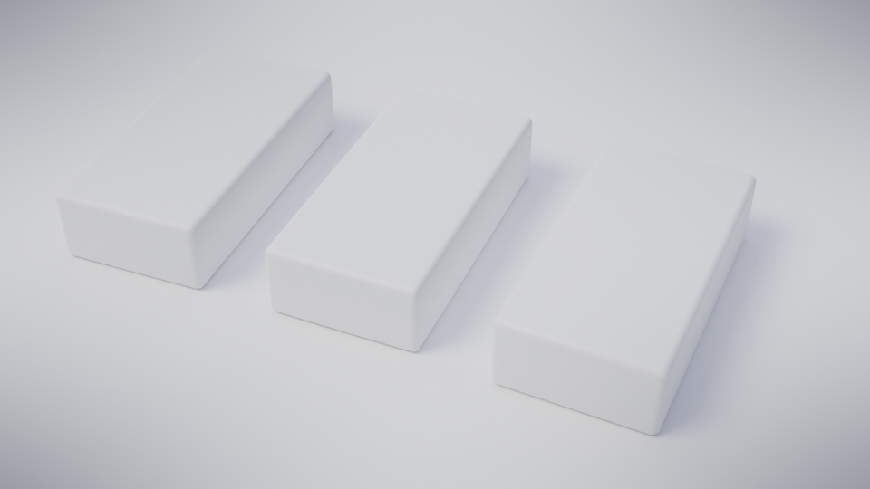 Grafika przedstawia clay‑render bez materiałów.  Znajdują się na nim trzy prostokątne białe bloki bez tekstur i materiałów.