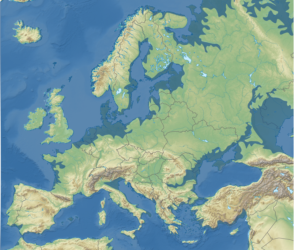 Na mapie Europy pokazano, jak będzie wyglądała Europa po stopnieniu wszystkich lodowców na Ziemi i wzroście poziomu mórz o 70 m. Niemal wszystkie obrzeża lądu całej Europy znajdą się pod wodą. Najgorzej sytuacja się przedstawia na zachodnich (Holandia cała zostanie zalana, znaczna część północnych Niemiec) i północnych wybrzeżach kontynentu (północna Rosja w części europejskiej).