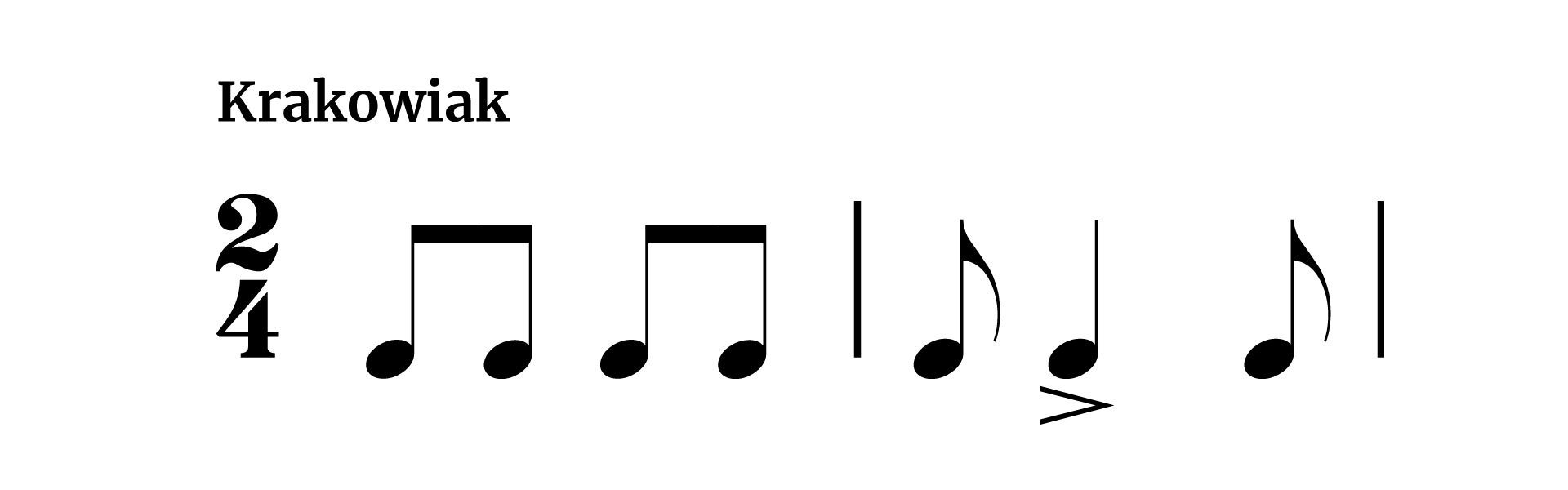 Grafika przedstawia fragment partytury w metrum dwie czwarte, z zapisem rytmu krakowiaka. W pierwszym takcie zapisano na miary pierwszą oraz drugą po dwie ósemki. W drugim takcie na pierwszą miarę zapisano ósemkę oraz ćwierćnutę z akcentem, a na koniec ponownie ósemkę.