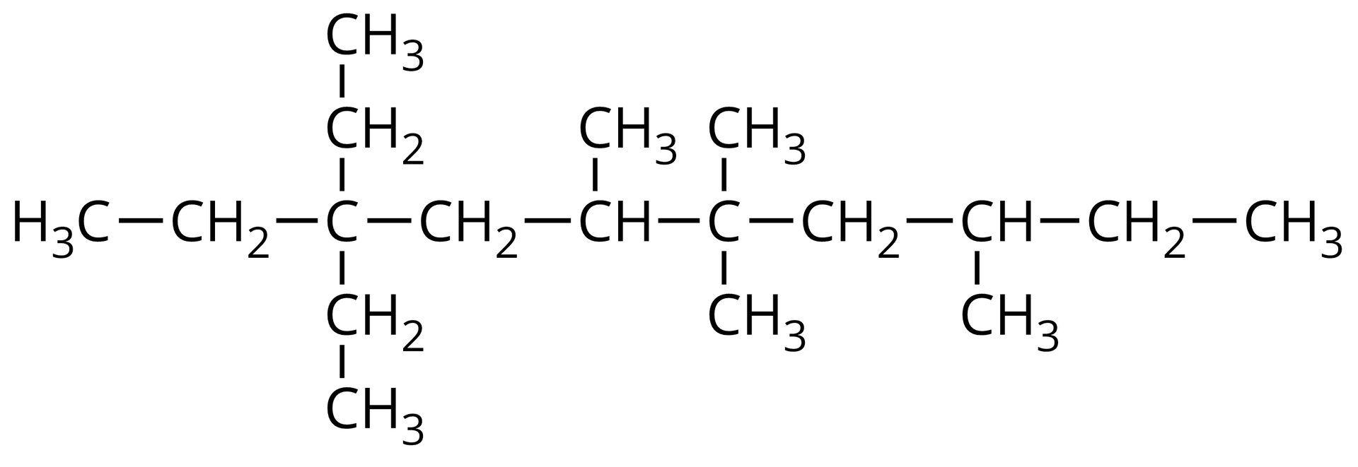Wzór: opis od prawej strony - grupa CH łączy się po prawej stronie z grupą metylenową, która łączy się z grupą metylową. Grupa CH łączy się w dół z grupą metylową. Grupa CH łączy się w lewo z grupą metylenową. Grupa metylenowa łączy się z atomem węgla. Atom węgla łączy się na górze i na dole z grupą metylową, a po lewej stronie z grupą CH. Grupa CH łączy się na górze z grupą metylową, a po lewej stronie z grupą metylenową. Grupa metylenowa łączy się na górze, na dole oraz po lewej stronie, czyli z każdej wolnej strony, z grupą metylenową. Ta z kolei łączy się z grupą metylową.