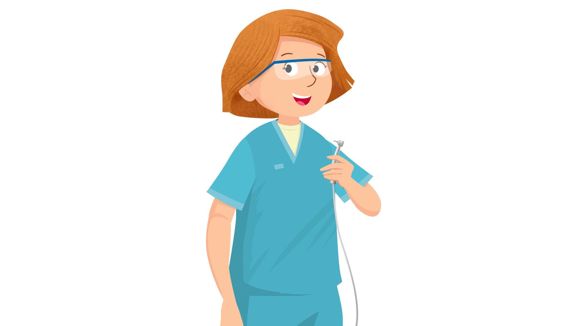 Ilustracja przedstawia dentystkę w niebieskiej koszulce i niebieskich spodniach. Dentystka trzyma wiertło stomatologiczne.