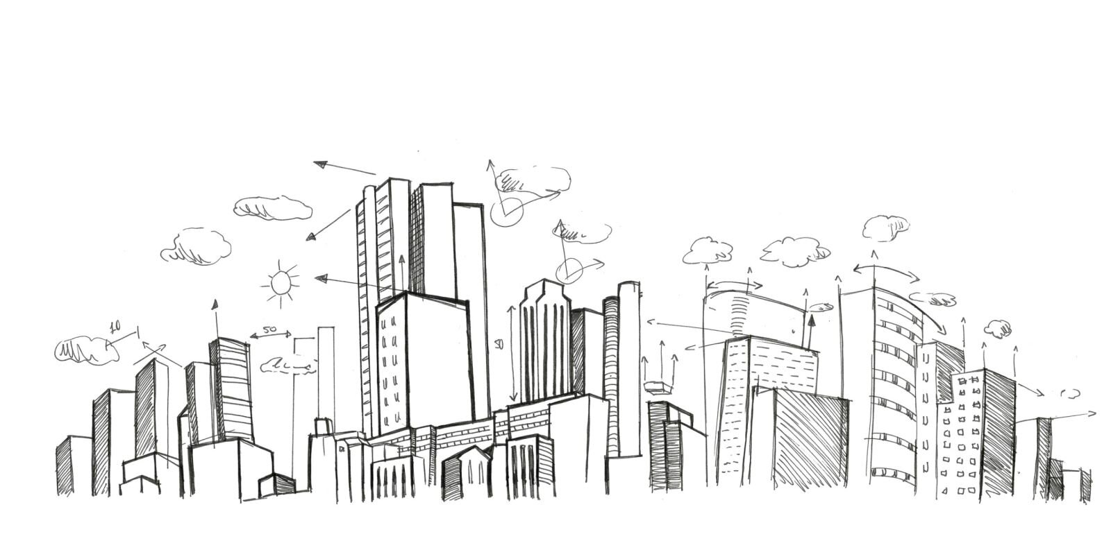 Rysunek jest żartem na temat projektowania architektonicznego. Prostą kreską zostały narysowane drapacze chmur w wielkim mieście oraz linie i strzałki, wskazujące na kierunki płaszczyzn i odległości od chmur.