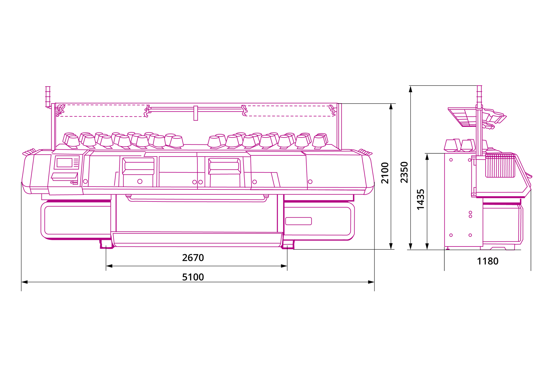 Na grafice widoczny jest schemat szydełkarki płaskiej z napędem mechanicznym i wzorowaniem komputerowym. Widoczne są dwa rzuty, z przodu oraz z boku. Urządzenie jest szerokie, składa się z podstawy i części głównej, na której są umieszczone szpule nici. W rzucie z boku widać, że urządzenie składa się z części tylnej oraz wysuniętej przedniej, na której znajduje się panel sterowania.