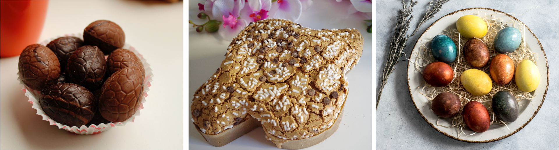 Ilustracja składa się z trzech zdjęć przedstawiających trzy potrawy wielkanocne z Włoch. Zdjęcie po lewej przedstawia czekoladowe jajka. Zdjęcie środkowe przedstawia pieczywo tzw. gołębicę wielkanocną. Zdjęcie po prawej przedstawia talerz z kolorowymi pisankami.