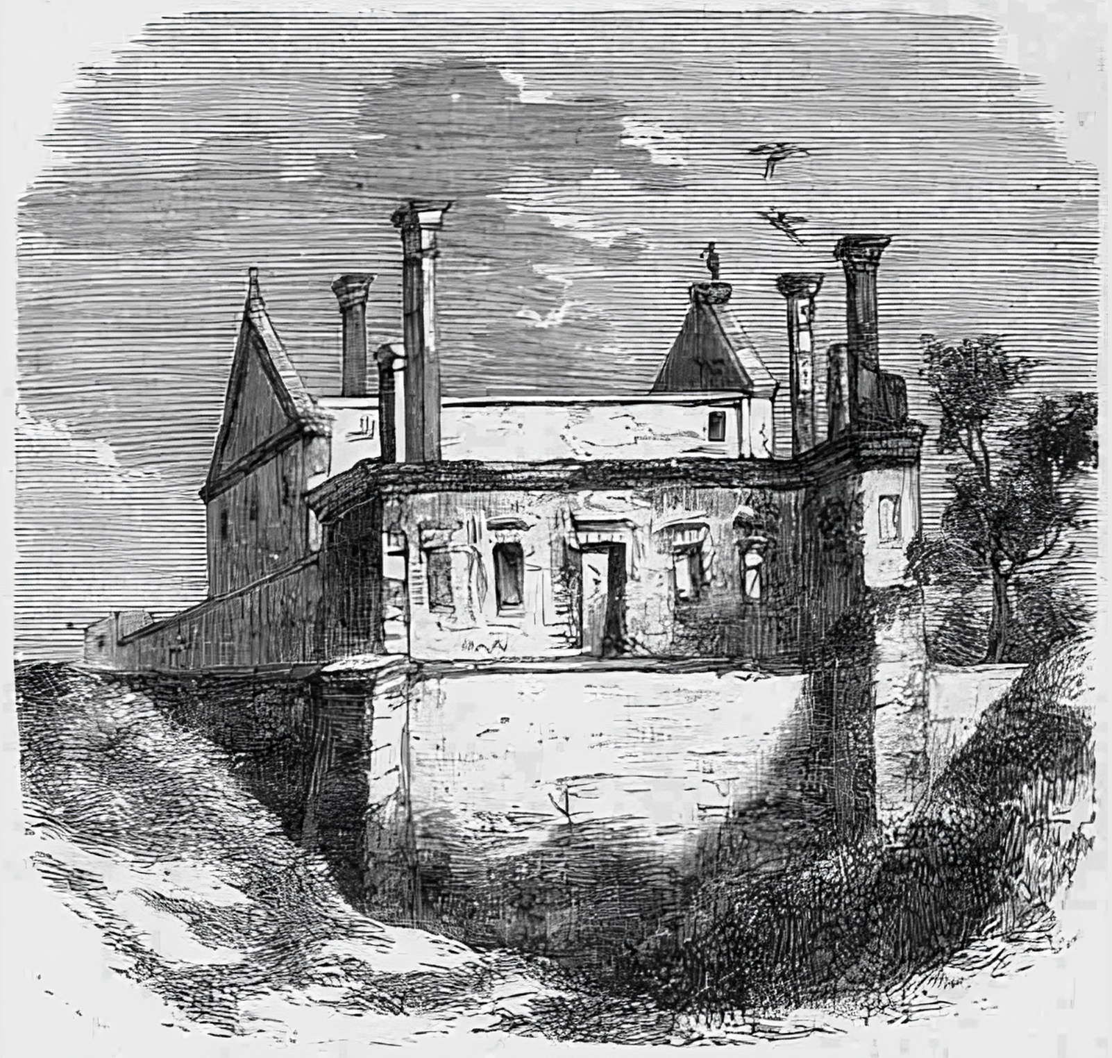 Ilustracja przedstawia widok na ruiny zamku w Czartorysku od strony zarośniętej, nieczynnej fosy. Na wprost widoczne są mury obronne z wysuniętymi do przodu bastionami. Za murami znajdują się pozostałości zamku w postaci ścian fasadowych bez dachu, z otworami okiennymi. Z ruin wystają cztery kolumny z kapitelami, nad którymi krążą ptaki. 