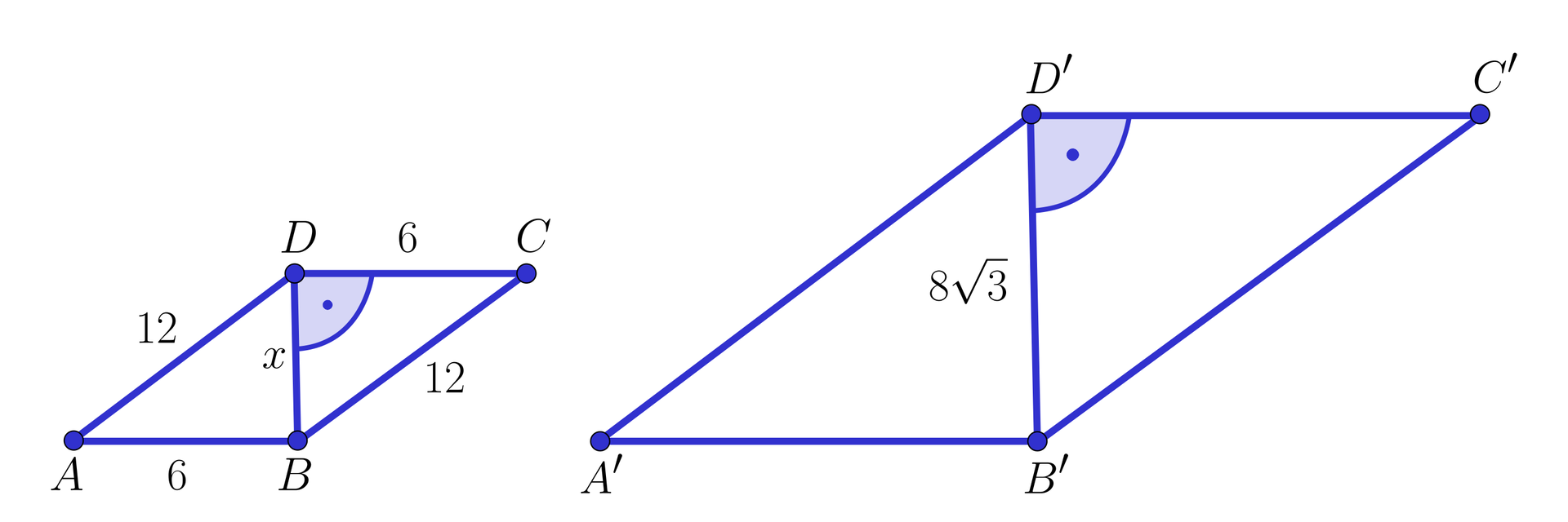 Na ilustracji przedstawiono mniejszy równoległobok ABCD, oraz większy A'B'C'D'. Równoległoboki są względem siebie podobne. W równoległoboku ABCD, długość krótszego boku wynosi 6, natomiast długość dłuższego boku jest równa dwanaście. Wewnątrz tego równoległoboku zaznaczono przekątną x. W równoległoboku A'B'C'D' zaznaczono przekątną wewnątrz figury, jest równa 83.