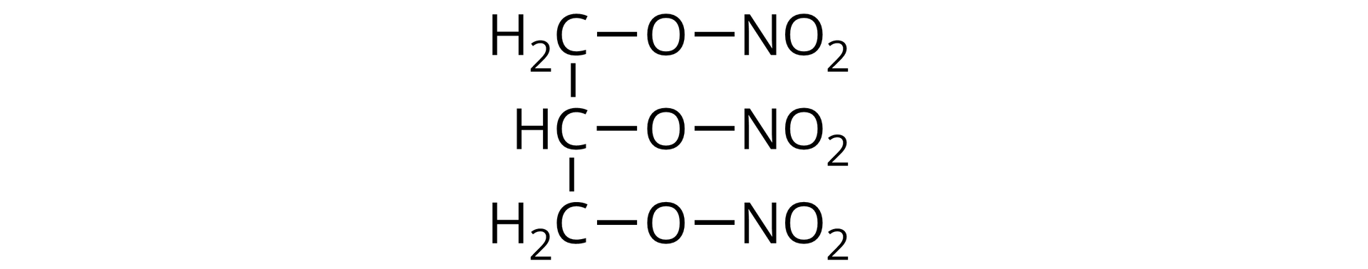 Ilustracja przedstawiająca wzór półstrukturalny triazotanu(<math aria‑label="pięć">V) propano-1,2,3--triolu zbudowanego z trójwęglowego łańcucha składającego się z grupy CH2 połączonej z grupą CH związanej z grupą CH2. Każda z grup podstawiona jest jednym atomem tlenu, z których każdy związany jest z grupą NO2.