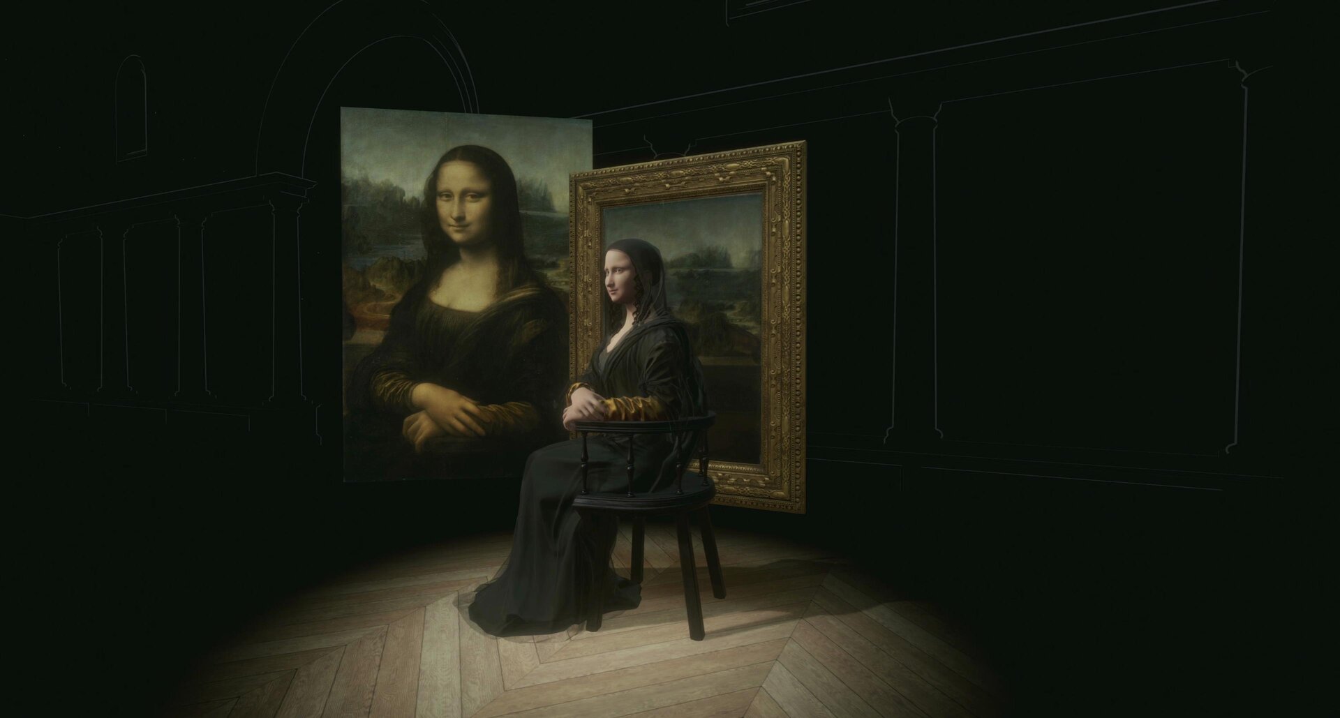 Ilustracja przedstawia projekt w aplikacji VR [czytaj: wi ar]. Na obrazie widoczna jest siedząca na krześle kobieta, za którą znajduje się wiszący obramowany obraz przedstawiający pejzaż. Na lewo od niego na ścianie wisi portret Mona Lisy [czytaj: mona lizy] autorstwa Leonardo da Vinci [czytaj: leonardo da winczi]. Tło obrazu jest czarne.