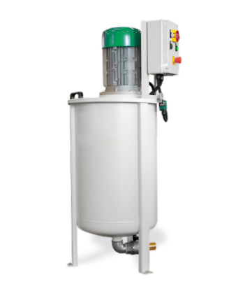 Na grafice przedstawiony jest mieszalnik do przygotowania kleju. Składa się on z pionowego zbiornika i części mieszającej umieszczonej w górnej części zbiornika. Z boku znajduje się panel sterujący.