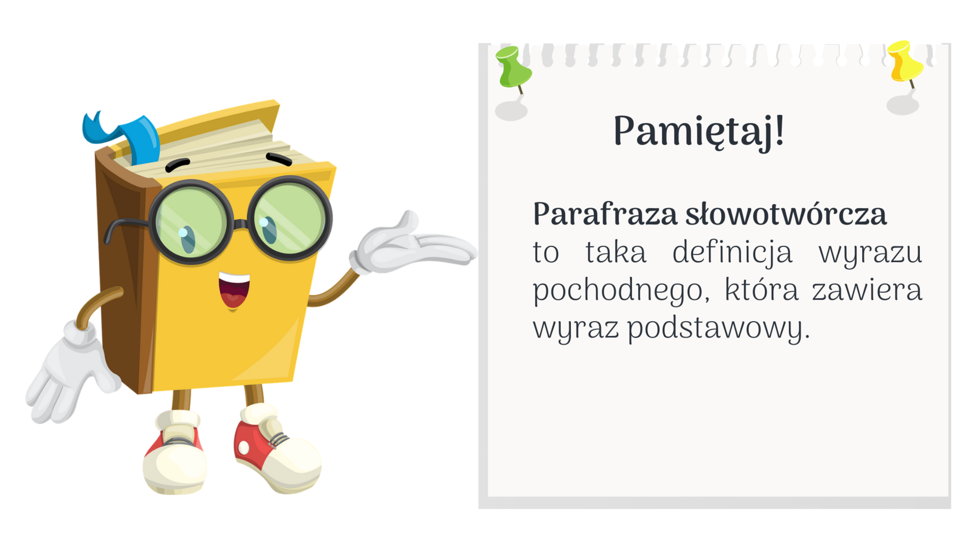 Ilustracja przedstawia definicję parafrazy słowotwórczej. Pod napisem: Pamiętaj! umieszczono tekst: Parafraza słowotwórcza to taka definicja wyrazu pochodnego, która zawiera wyraz podstawowy. Po lewej stronie stoi książka, która ma twarz w okularach. Ręką wskazuje na tekst.