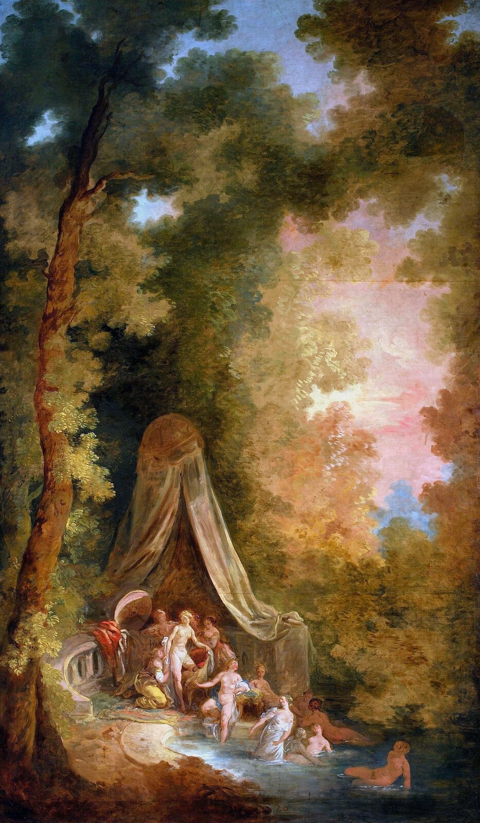 Obraz przedstawia kąpiące się w parku półnagie i nagie kobiety. 