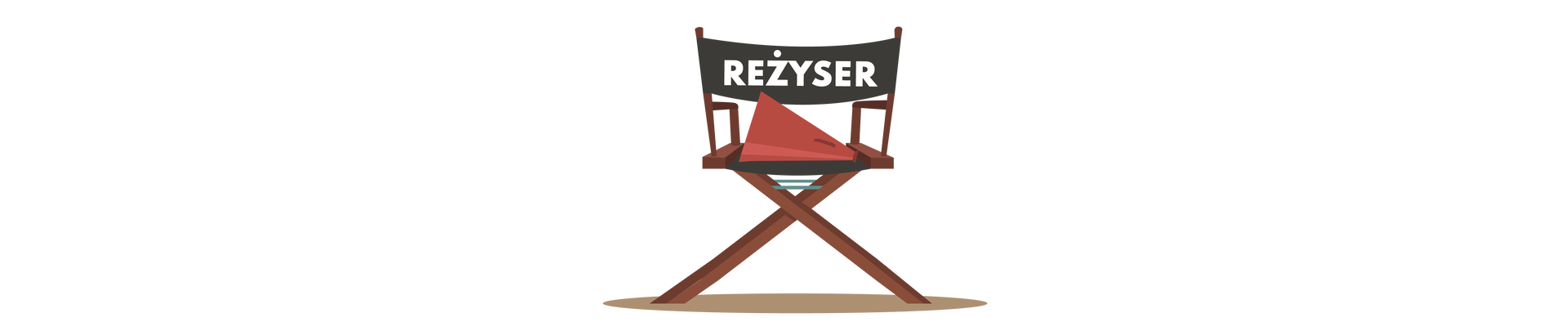 Ilustracja przedstawia czarno‑brązowe krzesło, na którego oparciu widnieje biały napis: „reżyser”. Na krześle leży czerwony megafon, czyli przenośne urządzenie nagłaśniające składające się z mikrofonu i szerokiej tuby.