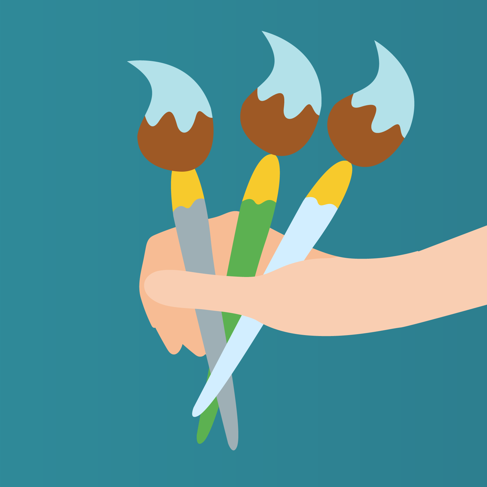 Ilustracja przedstawia dłoń trzymającą trzy pędzle.