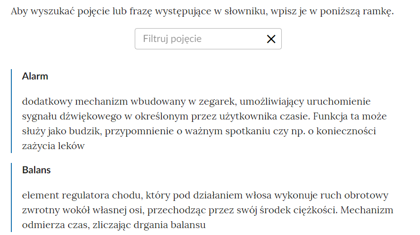 Widok na górną część słownika z polem do filtrowania haseł słownika