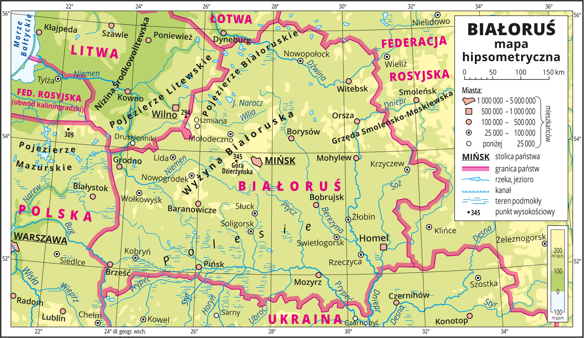 Ilustracja przedstawia mapę hipsometryczną Białorusi. W obrębie lądów występują obszary w kolorze zielonym i żółtym. W lewym górnym rogu mapy fragment Morza Bałtyckiego zaznaczono kolorem niebieskim i opisano. Na mapie opisano nazwy nizin i wyżyn, rzek i jezior. Oznaczono i opisano główne miasta. Oznaczono czarnymi kropkami i opisano punkty wysokościowe. Różową wstążką przedstawiono granice państw. Kolorem czerwonym opisano państwa sąsiadujące z Białorusią. Mapa pokryta jest równoleżnikami i południkami. Dookoła mapy w białej ramce opisano współrzędne geograficzne co dwa stopnie. W legendzie umieszczono i opisano znaki użyte na mapie.
