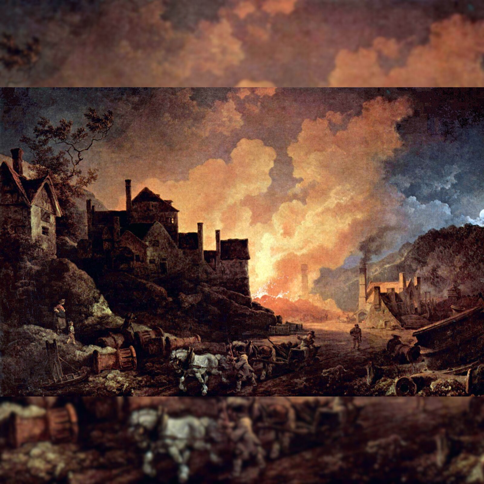 Obraz przedstawia pole, pod którym jedzie wóz zaprzęgnięty w konie. W tle znajdują się budynki. Za nimi jest pożar. Unosi się gęsty dym. 