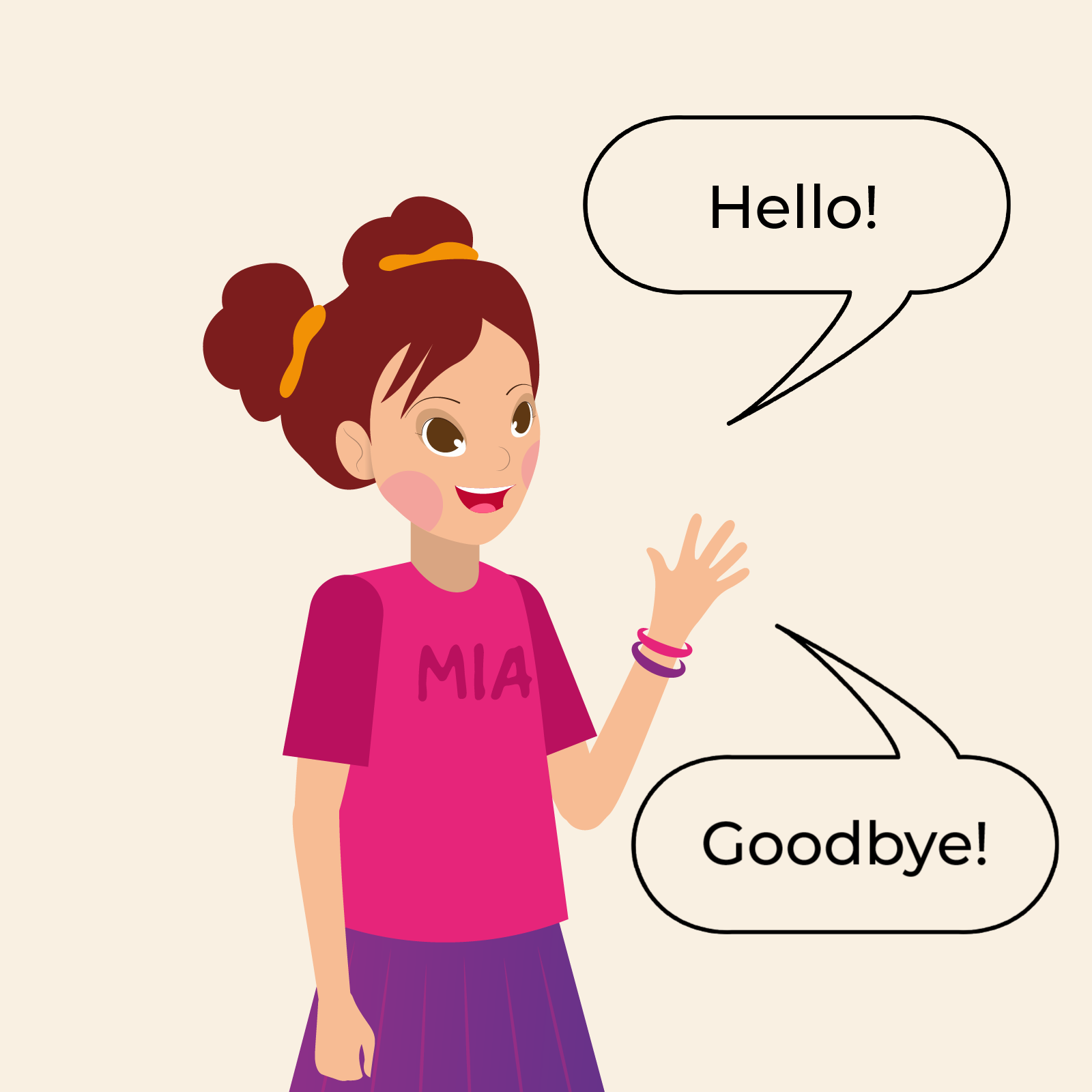 Ilustracja przedstawia Mię, machającą dłonią do odbiorcy. Od jej twarzy odchodzą dwie chmurki z tekstem: Hello! Goodbye!