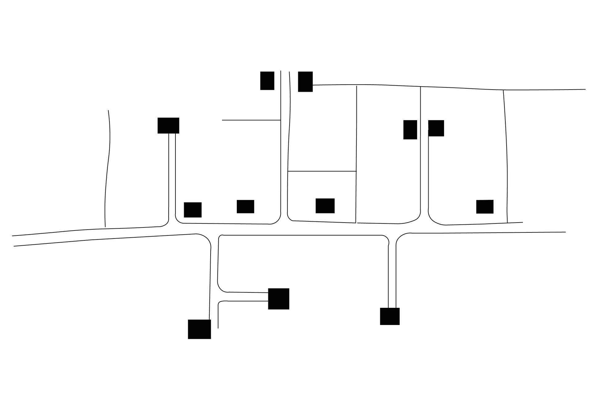 Schemat przedstawia przestrzenny układ zabudowy we wsi rozproszonej. Gospodarstwa domowe są nieregularnie rozlokowane, zawsze jednak blisko drogi po jednej lub drugiej jej stronie. 