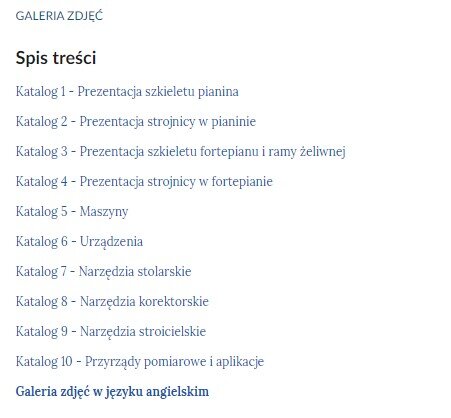 Grafika przedstawia widok spisu treści galerii zatytułowanej Szkielet pianina, szkielet fortepianu i rozwiązania konstrukcyjne ram żeliwnych.