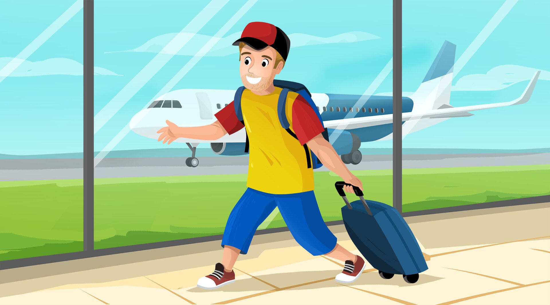 Na ilustracji znajduje się mężczyzna z walizką na lotnisku.