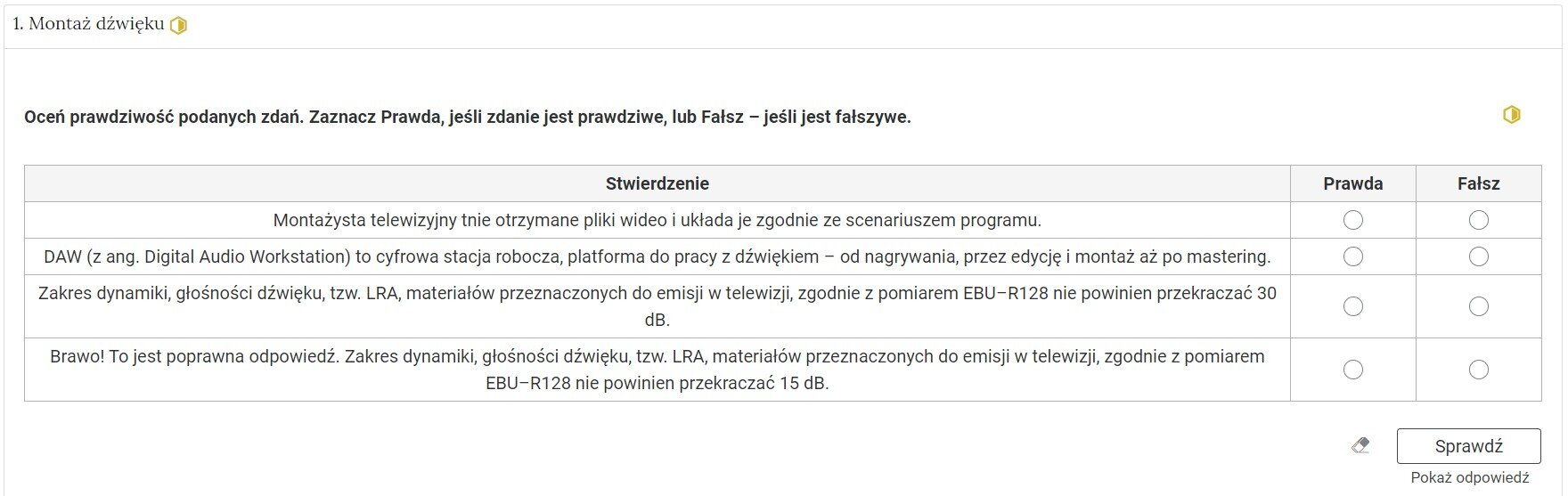 Grafika przedstawia widok pojedynczego zadania z interaktywnego materiału sprawdzającego, na prawo od nazwy zadania widnieje ikonka informująca o poziomie trudności zadania.