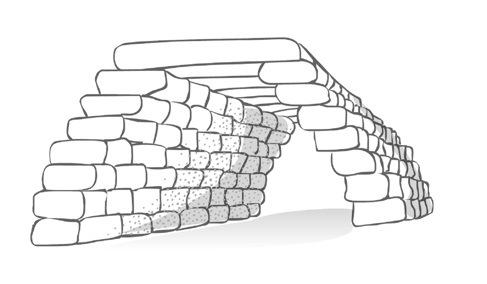 Ilustracja przedstawia przykład sklepienia pozornego. Konstrukcja ta jest w czarno‑białym kolorze.  Zbudowana jest z dwóch skośnych ścian z cegieł, które są ze sobą połączone w kilku rzędach, jedna po drugiej. Ściany od góry zostały połączone kilkoma poziomymi belkami. Tuż pod nimi znajduje się przejście. 