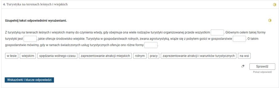 Grafika przedstawia widok pojedynczego zadania z interaktywnego materiału sprawdzającego, na prawo od nazwy zadania widnieje ikonka informująca o poziomie trudności zadania.