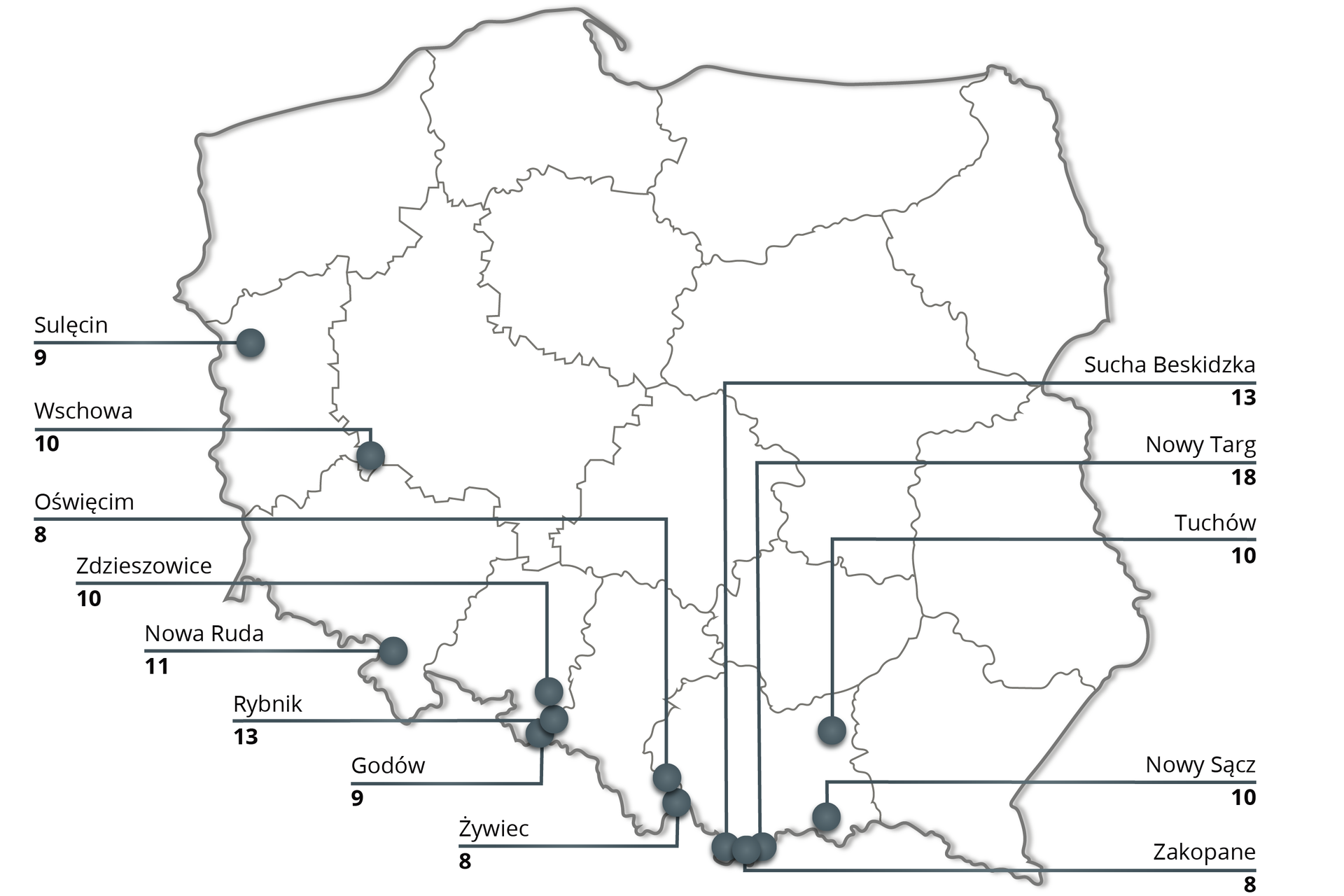 Na mapie Polski zaznaczono miasta o najwyższym średniorocznym stężeniu benzopirenu: Sulęcin 9, Wschowa 10, Oświęcim 8, Zdzieszowice 10, Nowa Ruda 11, Rybnik 13, Godów 9, Żywiec 8, Sucha Beskidzka 13, Nowy Targ 18, Tuchów 10, Nowy Sącz, 10 Zakopane 8.
