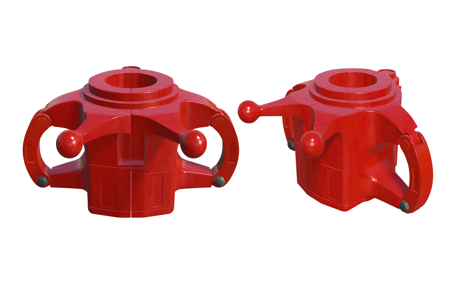 Na zdjęciu przedstawiony jest elewator do rur. Jest on koloru czerwonego. Jest on przedstawiony w dwóch różnych ujęciach. Po lewej stronie ustawiony jest prosto. Po prawej pod kątem. Element jest w kształcie walca pustego w środku. Ma spłaszczone boki. Z prawej i lewej strony znajdują się rączki przypominające uszy kubka. Środkowy fragment uszy nie jest na stałe połączony z resztą. Jest to ramię łączące górę z dołem. U dołu przymocowane jest za pomocą szarej śruby. U samej góry walca znajdują się dwa pierścienie wystające nad walcem. U dołu mniejszy, a na nim większy. Z tyłu walca znajduje się zawias. Z przodu znajdują się dwie rączki zakończone kulą. Walec jest rozcięty w środku tak by można było go otworzyć używając rączek. 