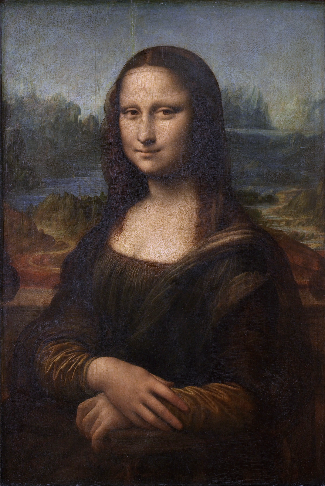 Ilustracja przedstawia obraz olejny „Mona Lisa”, autorstwa Leonarda da Vinci. Dzieło ukazuje portret damy w sukni z ciemno‑zielonym gorsetem i beżowymi rękawami. Na ramiona zarzucony ma niebieski płaszcz. Ciemne, drobno pofalowane włosy z przedziałkiem pośrodku głowy okrywa czarny, przezroczysty woal. Prawa dłoń ułożona jest na lewej. Na twarzy kobiety rysuje się delikatny uśmiech. Spokojna, pełna dostojeństwa postać ukazana jest na dynamicznym tle, pełnym zakoli rzek, krętych ścieżek i ostrych szczytów pagórków. Dzieło utrzymane jest w wąskiej, ciemnej tonacji z dominacją ciepłych beży, zieleni oraz chłodnym błękitem w tle.