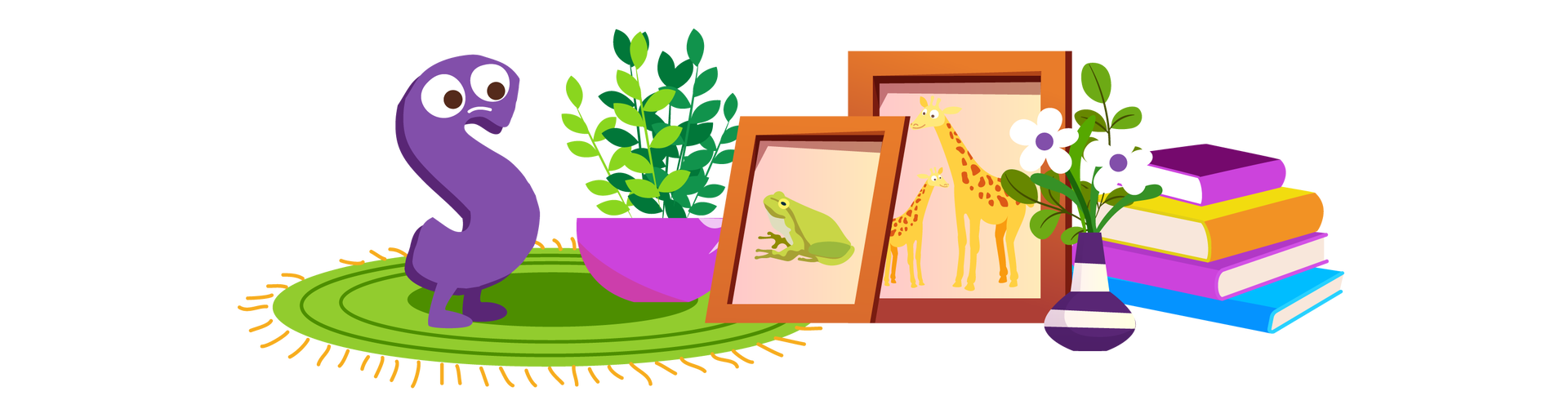 Ilustracja przedstawia fioletową literę „S” ze smutnym wyrazem twarzy, stojącą na okrągłym zielonym dywanie z pomarańczowymi frędzlami. Obok niej jest zielona roślina w ciemnoróżowej donicy, a dalej stoją dwie brązowe ramki z obrazkami oparte jedna o drugą. Pierwszy obrazek przedstawia zieloną żabę, a drugi dwie żyrafy. Dalej na prawo stoją dwa białe kwiaty z zielonymi łodygami w wazonie w biało‑ciemnofioletowe pasy, a za nimi leży stos czterech książek w kolorowych okładkach.