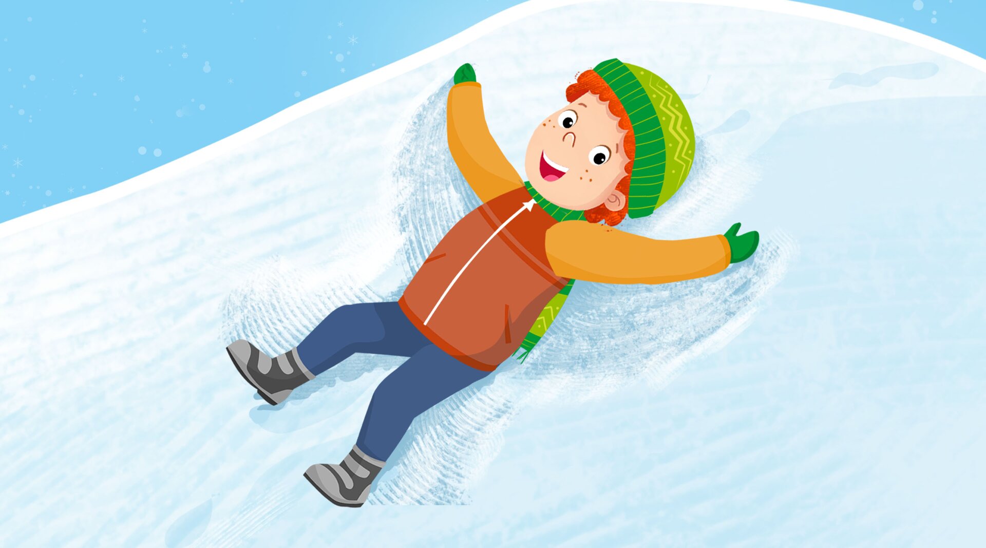 Na ilustracji znajduje się chłopiec, który Robi aniołka na śniegu.