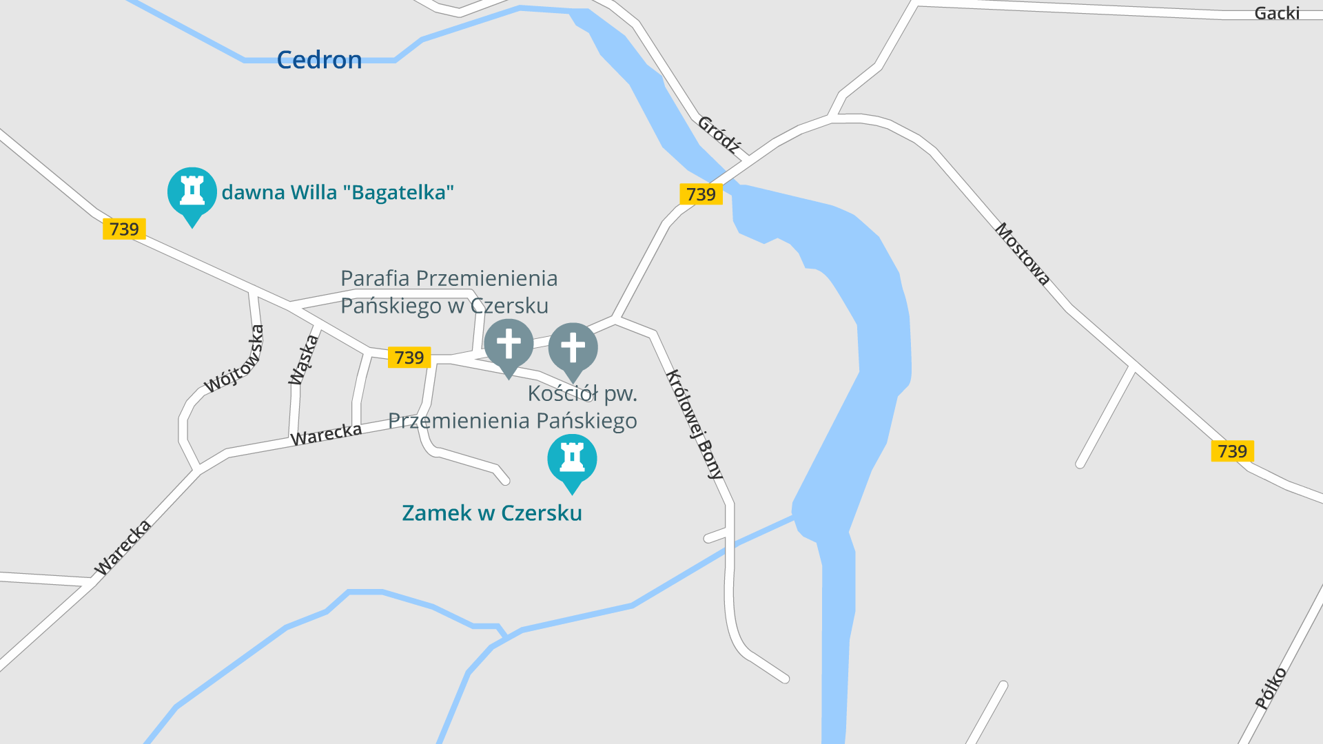 Ilustracja przedstawia mapę okolic zamku w Czersku. Na mapie widoczna jest lokalizacja zamku na wzgórzu zamkowym (w centralnej części ilustracji) oraz starorzecze Wisły, które zamieniło się w jezioro (po prawej stronie od zamku). Na mapie widoczne są również niektóre ulice miasta (m.in. Wąska, Mostowa, Królowej Bony) oraz inne obiekty budowlane, takie jak kościół pod wezwaniem przemienienia pańskiego czy dawna willa bagatelka.