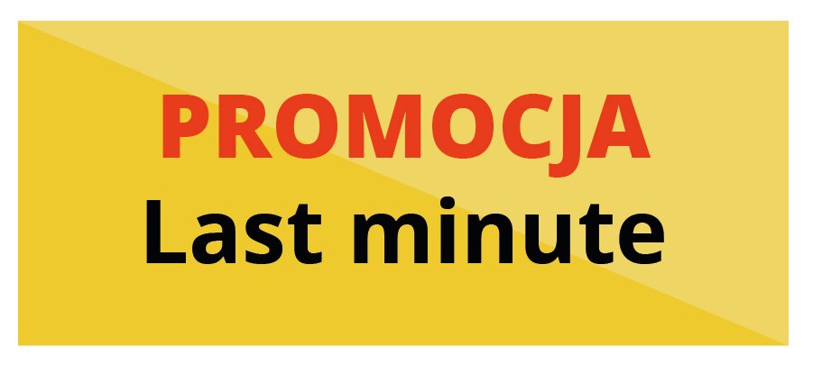 Grafika przedstawia ofertę last minute. Widoczny jest prostokąt w poziomie, podzielony przekątną na dwa pola, lewe w kolorze ciemnożółtym, prawe w kolorze jasnożółtym. Pośrodku widoczny jest napis PROMOCJA z czerwonych liter, a poniżej napis Last minute z czarnych liter.